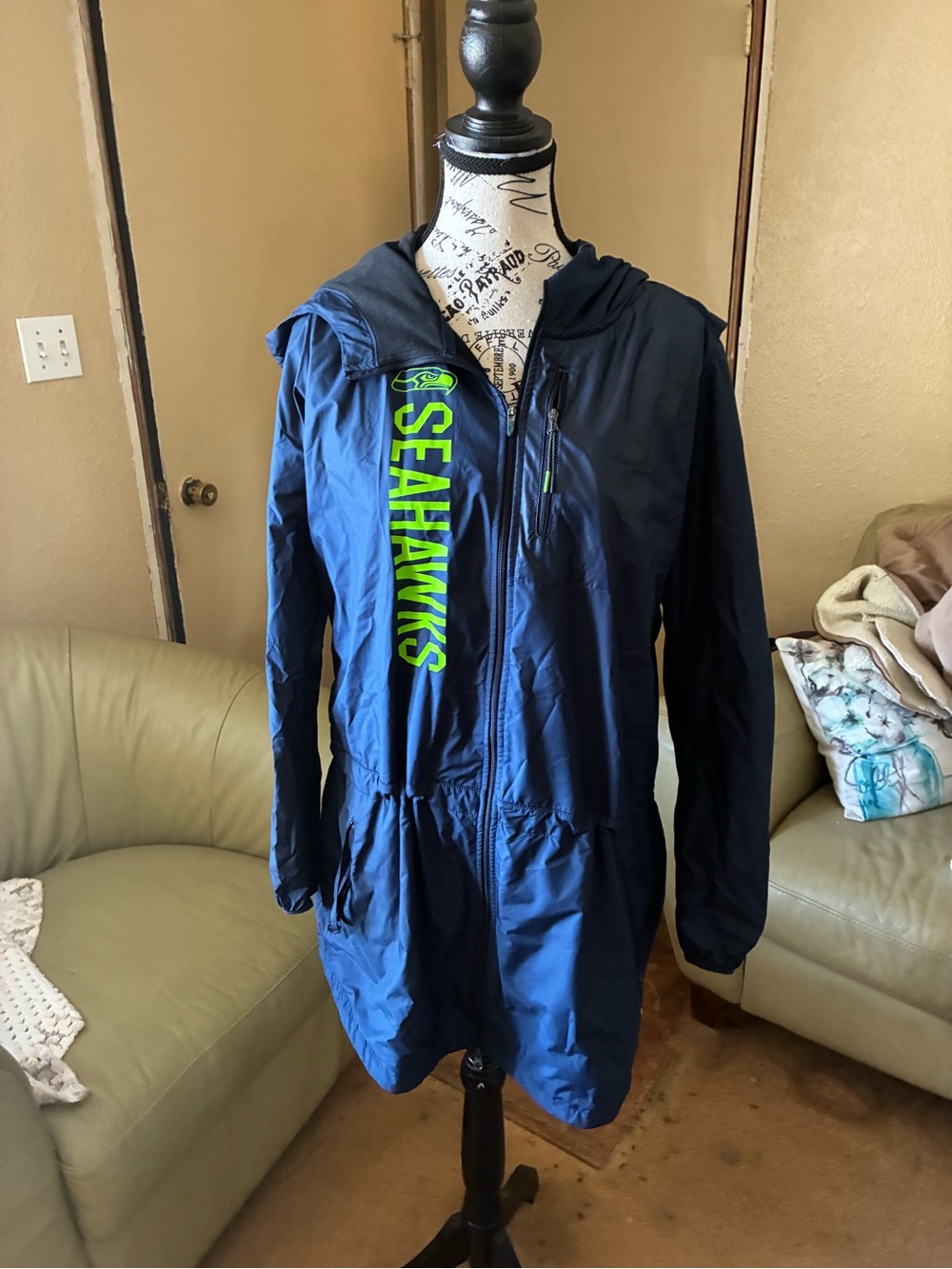 Nike Navy Raincoat with Neon Green Seahawks Script